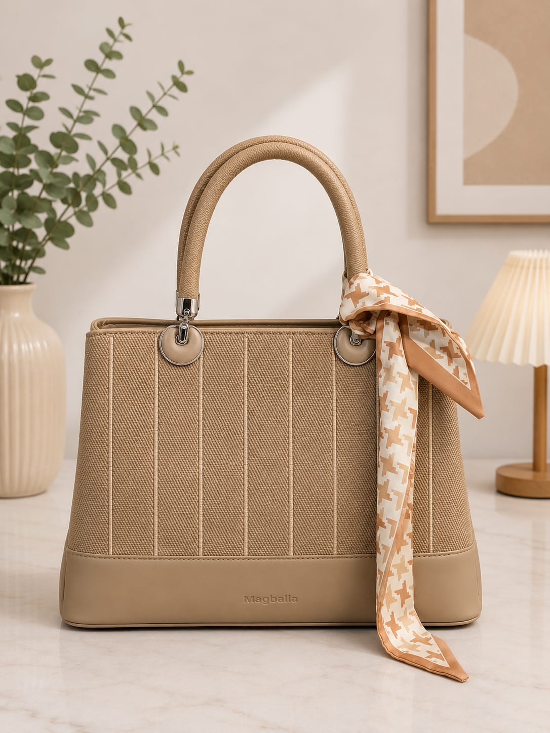 Women's Premium Canvas Tote Handbag with Scarf | Elegant Beige Top Handle Shoulder Bag