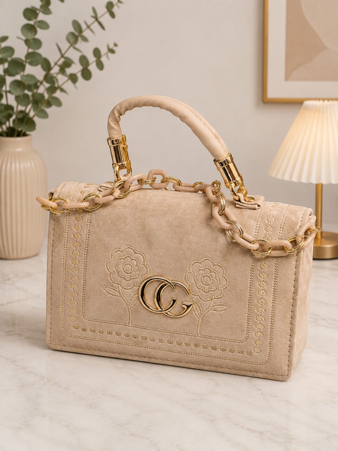 Women's Premium Embroidered Shoulder Handbag with Chain Strap | Elegant Beige Crossbody Purse